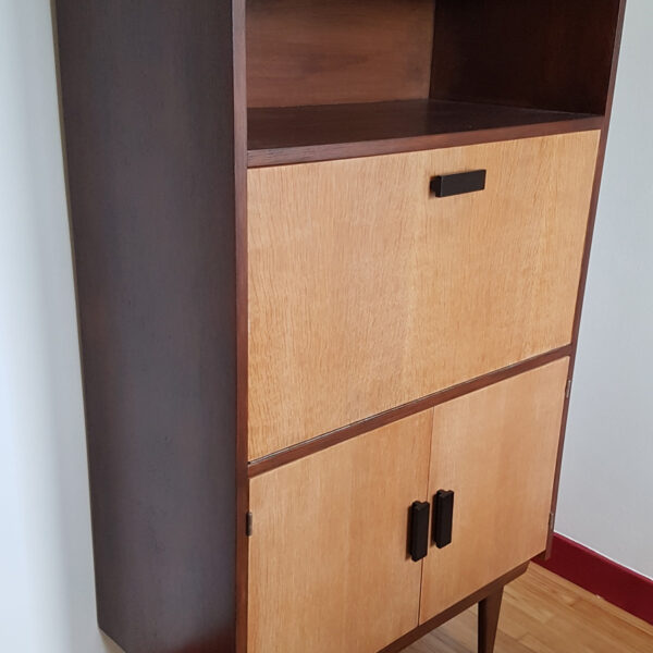 Meuble secrétaire en placage chêne rénové et relooké en 2 teintes vernies