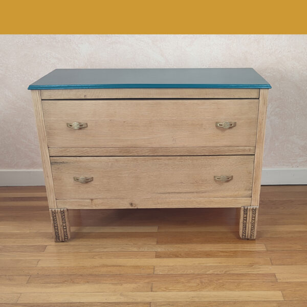 Commode 2 tiroirs en chêne avec plateau plume de paon